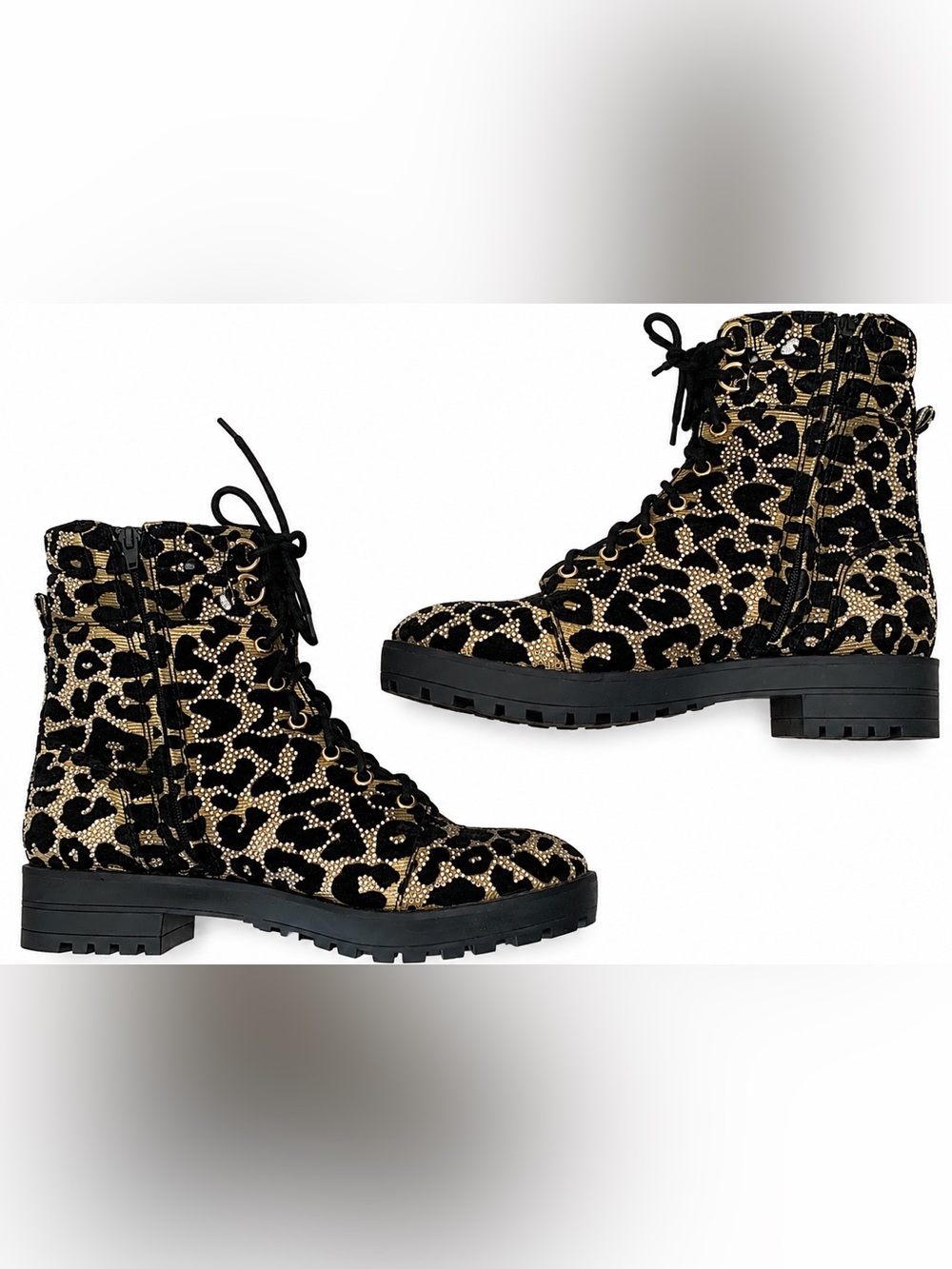Gianni Bini Rhinestone Leopard Combat Boots Black Gold Women’s 9.5M NWOT